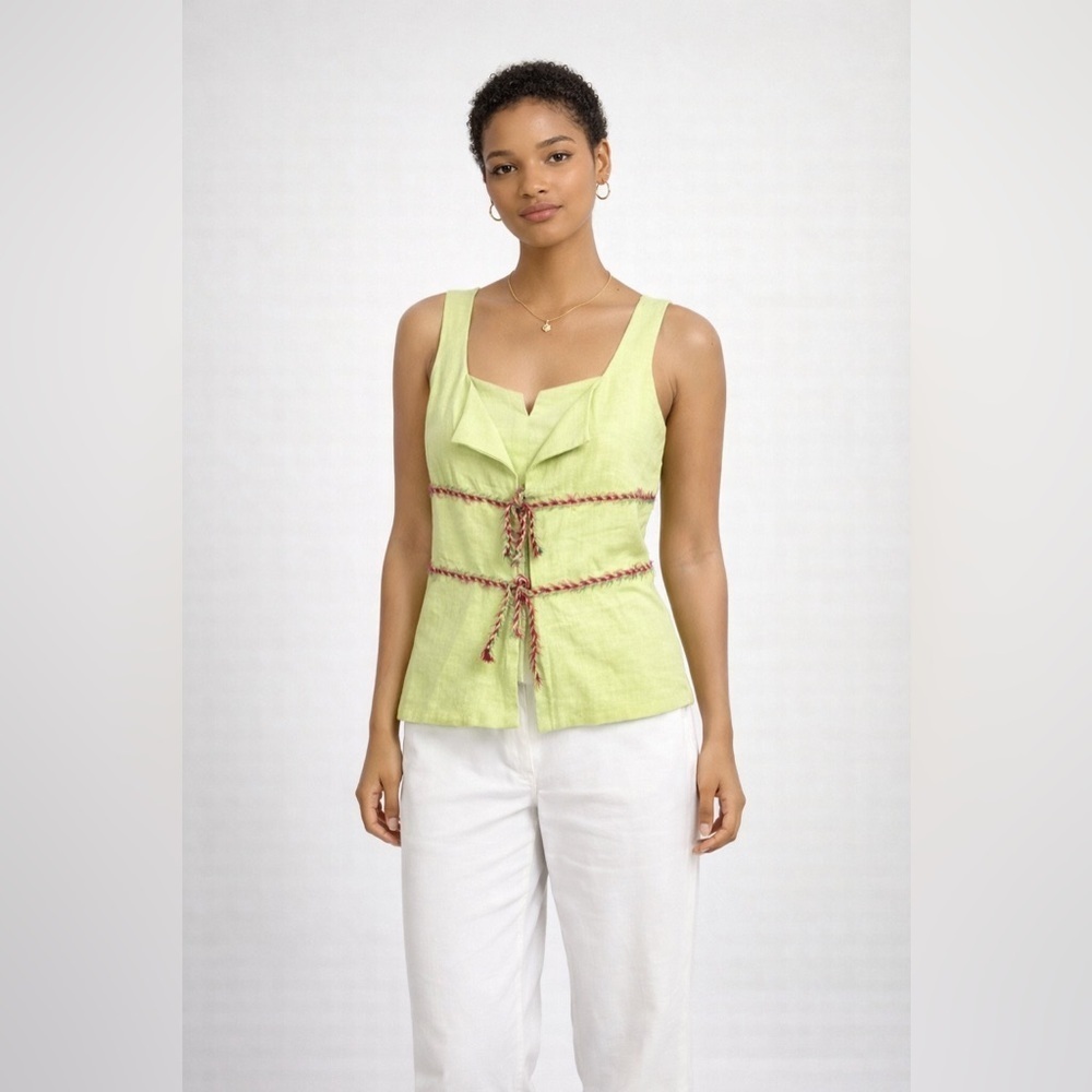 Green Linen Vest Top Size 50 EU Tie Front Boho Summer Chic Festival Vacation